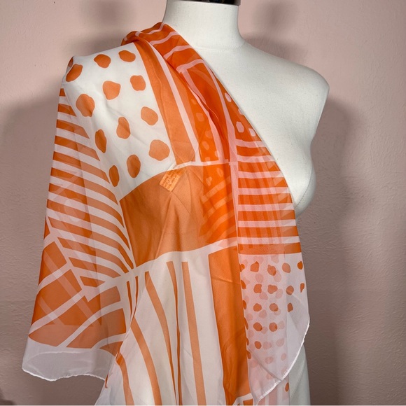 Vintage 60 70 Mod Geometric Orange White Semi Sheer Neck Scarf - Picture 3 of 17